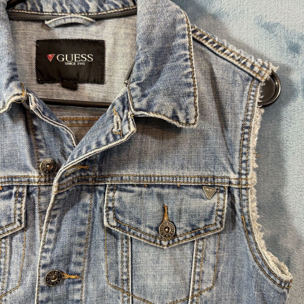 Vintage Guess Jeans Denim Vest Womens Small S P Light Wash Raw Edge Y2K 90s